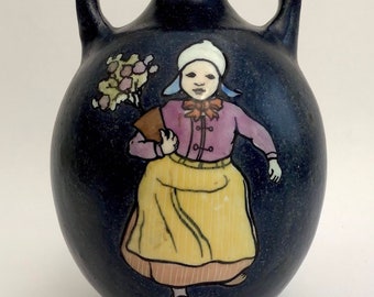 Antique Stellmacher Teplitz Amphora Glazed Earthenware Vase, with Enamel Figure of a Girl