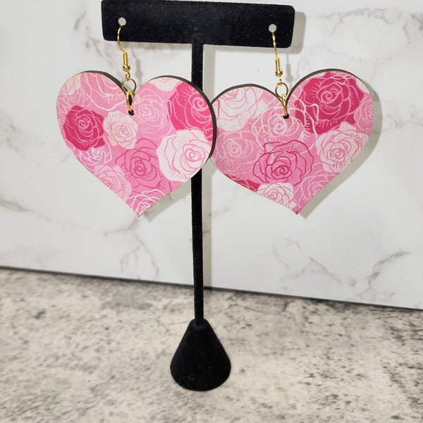 Pendientes de fanega de flores rosas / Día de San Valentín / Pendientes del Día de San Valentín / Pendientes cortados con láser