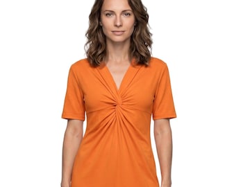 Women's dress with draping and short sleeves, made of viscose jersey