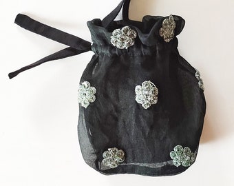 black silk organza handbag, embroidered with cords, lace, wedding, bridal bag