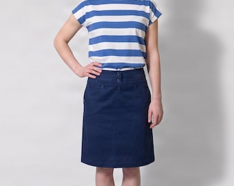 Women's sailor-style skirt with piped pockets, in a silk-linen-cotton blend