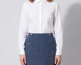 Women DOUBLE ROW SKIRT wool knee long in blue with lining