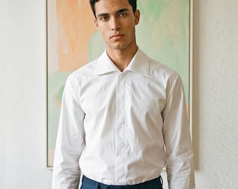 MEN SHIRT with shark collar and hidden buttons in white, turquoise blue and black