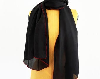 BLACK SILK SCARF embroidered with red beads