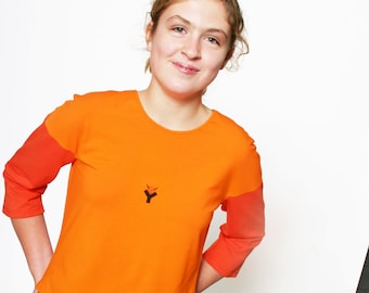 WOMEN T-SHIRT with 3/4 sleeves + screen print in orange and red