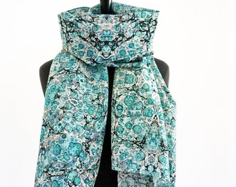 ART-DECO SCARVES cotton silk turquoise light-blue white black, big shawl wrap