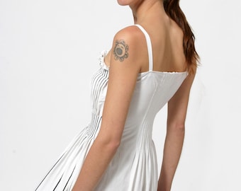 WOMEN LONG DRESS with pleats unique in white with black screen print