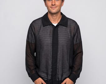Men's striped shirt, black – slightly transparent with concealed button placket
