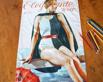 ART-DÉCO Table Runner, Tea Towel, Placemat, organic cotton, Woman in a swimsuit, beach