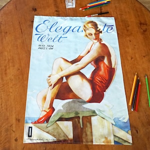 ART-DÉCO Tea Towel, Table Runner, Placemat, organic cotton, picture of magazine from 1930s