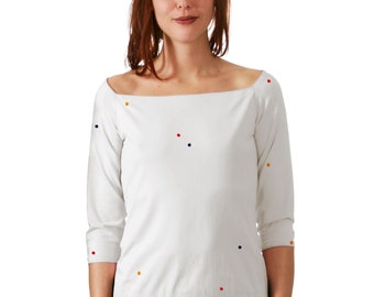 DOT T-SHIRT with 3/4 sleeves, screen print in blue red yellow