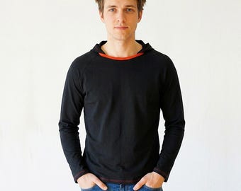 Men's Raglan Hoodie Shirt, black hooded shirt, customizable, colored details, handmade in Germany
