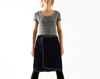 WRAP SKIRT with EMBROIDERY for winter wool angora in dark blue and black