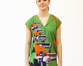 LONG GREEN TUNIC with pictures from Russian Constructivism