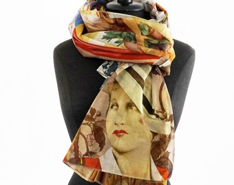 ART-DÉCO SCARF organic-cotton silk, pictures magazine 1930s, Bandana headscarf kerchief shawls