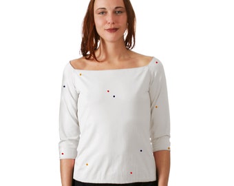 DAMES PUNTEN T-SHIRT met 3/4 mouwen, zeefdruk in rood geel blauw