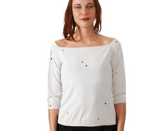 DOT T-SHIRT with 3/4 sleeves, screen print in blue red yellow