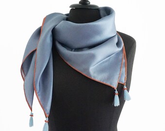 SILK SCARF with TASSELS embroidered with beads, powder blue