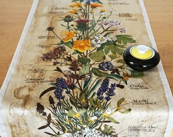 PLANTS TABLE RUNNER hand drawing, Lavender Ginkgo Sage Mistletoe Ivy Thyme St. John's wort Valerian Camomile Arnica Marigold