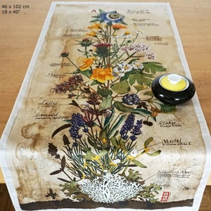 PLANTS table runner hand drawing, Lavender Ginkgo Sage Mistletoe Ivy Thyme St. John's wort Valerian Camomile Arnica Marigold