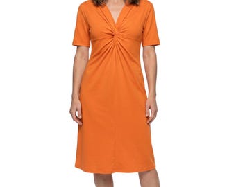 Women's dress with draping and short sleeves, made of viscose jersey