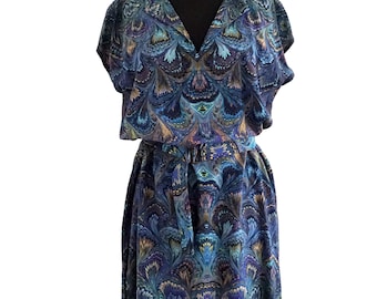 ART-DECO DRESS tunic with belt, marbling blue multicolor