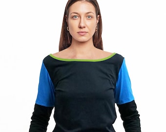 Customizable Women's T-Shirt | Boat Neck | Color-Block Shirt with Colored Sleeves | Unique Custom Piece | Handmade in Germany