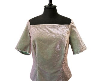 WOMEN VELVET TOP off-shoulder, silver-green iridescent, cotton