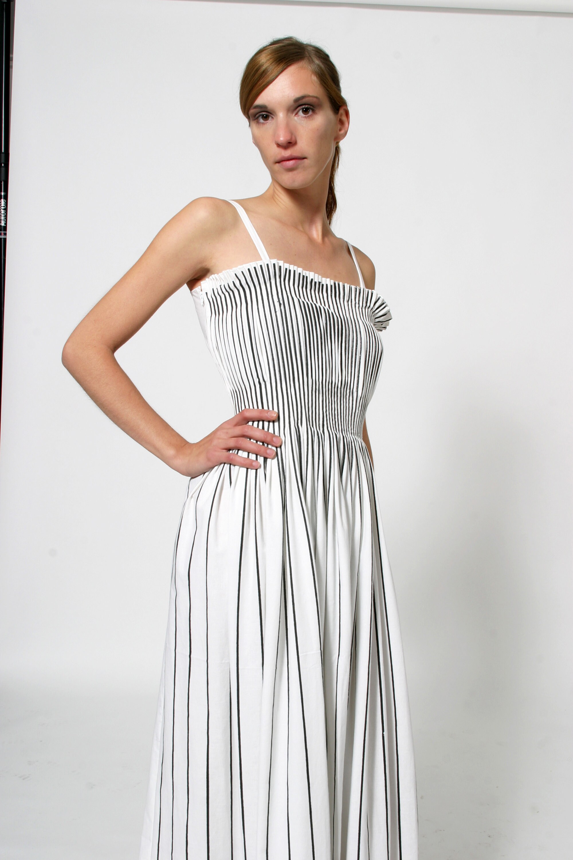WOMEN DRESS With PLEATS Unique Long, White With Black Screen