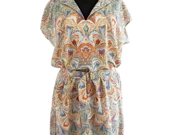 ART-DECO DRESS tunic with belt marbling yellow brown, long summer blouse