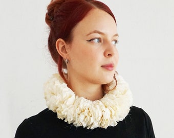 HANDMADE RUFF from upcycling fabric + beads ball, Vintage Soutache ribbon + button