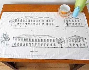 TABLE RUNNER "MANSION" organic cotton, architectural drawing