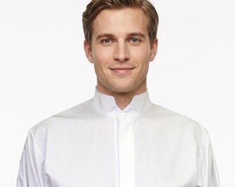Men's shirt with stand-up collar, concealed button placket, and slit sleeves – no cuffs