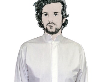 SHIRT with stand-up collar, hidden buttons, sleeves with slits in white, turquoise blue and black