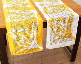 NARCISSUS AND ECHO by Ovid, organic cotton table runner, Daffodils, yellow and white