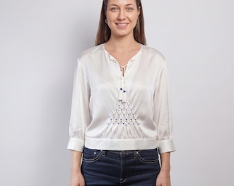 SMOCK BLOUSE embroidered with beads + handmade tassels CUSTOM