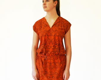 ART DECO Dress, Tunic with belt, marbling red orange black