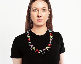 UNICAT Necklace with colored geometric wooden pieces & hand-knotted ribbon, Handicrafts from the Erzgebirge