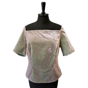 WOMEN VELVET TOP off shoulder, shimmering, iridescent silver-green cotton-velvet