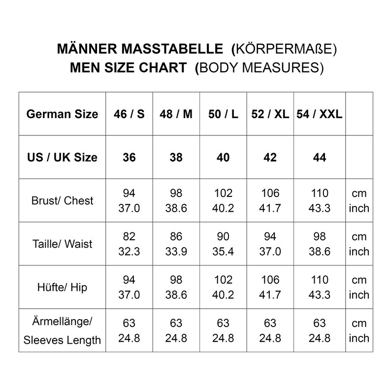 Puede incluir: Una tabla de tallas titulada M&Auml;NNER MASSTABELLE (K&Ouml;RPERMA&szlig;E) MEN SIZE CHART (BODY MEASURES) que muestra tallas alemanas de 46 a 54 y tallas de EE. UU./Reino Unido de 36 a 44. Incluye medidas de pecho, cintura, cadera y largo de manga en cm y pulgadas.