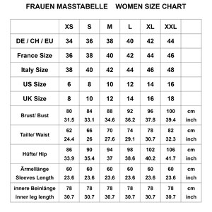May include: A size chart for women's clothing with measurements in inches and centimeters. The chart includes sizes XS through XXL and lists measurements for bust, waist, hips, sleeve length, and inner leg length.