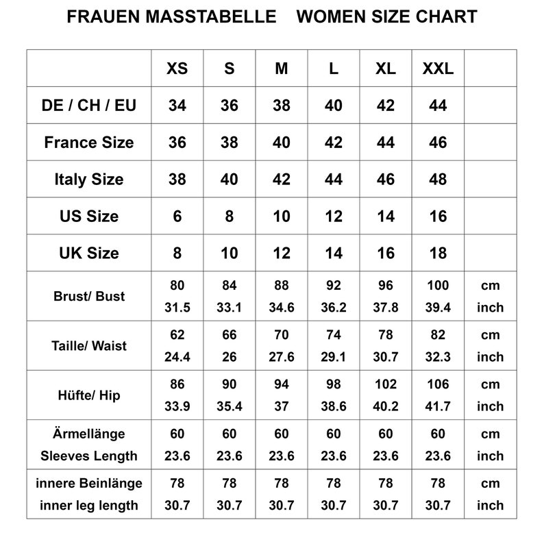 May include: A size chart for women's clothing with measurements in inches and centimeters. The chart includes sizes XS through XXL and lists measurements for bust, waist, hips, sleeve length, and inner leg length.