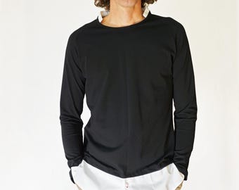 MEN RAGLAN SHIRT with stand-up collar in black with white
