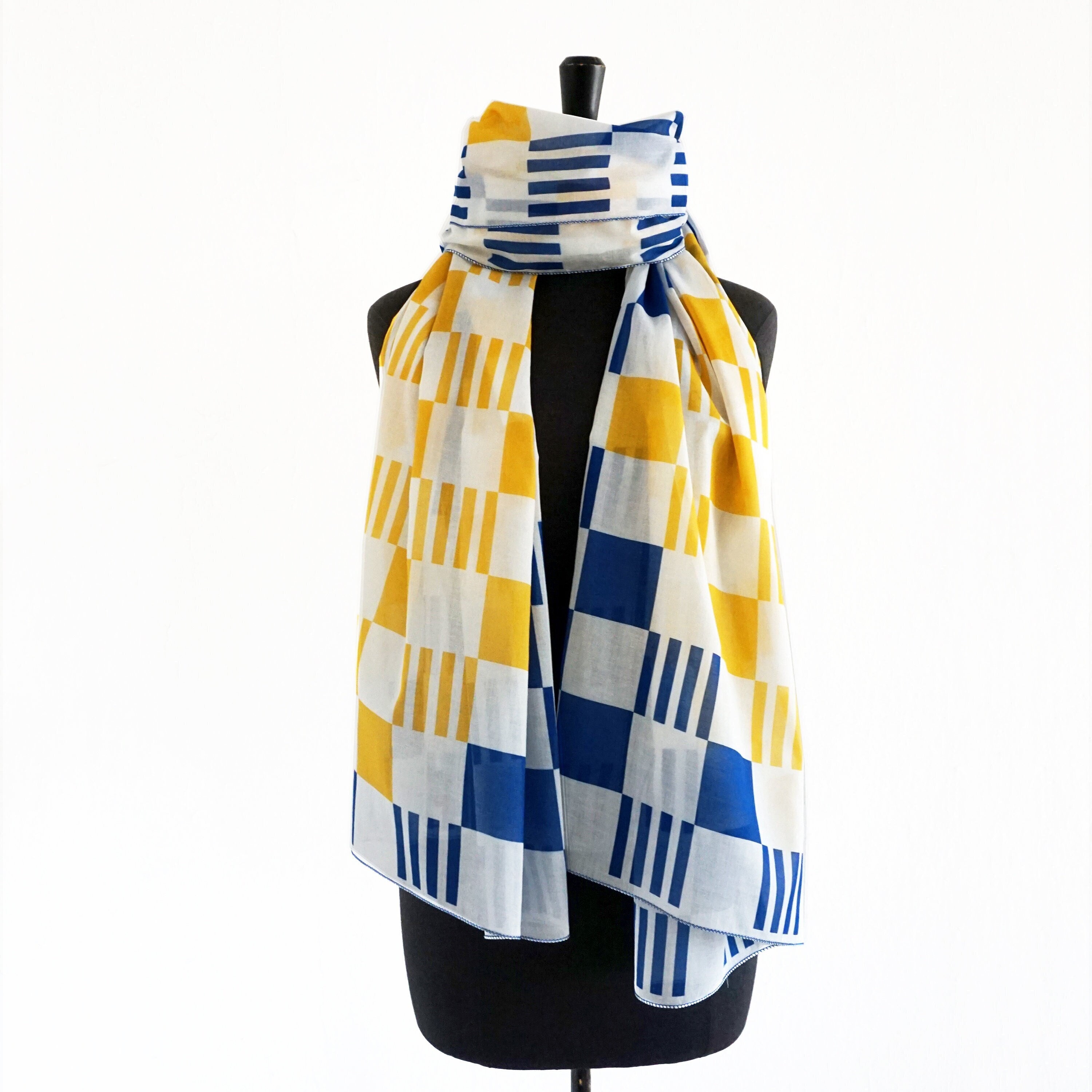 BAUHAUS SCARVES of cotton batiste, big shawl in white blue and yellow