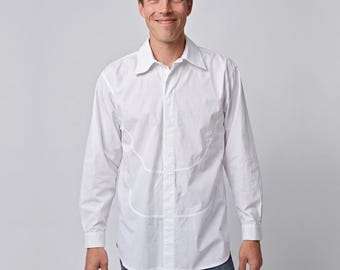 Men's shirt with curved seams and concealed buttons in white and black