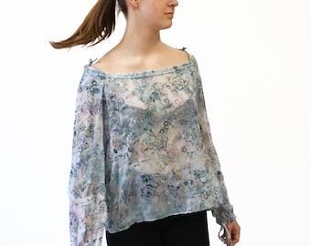 SILK VELVET BLOUSE off-shoulder transparent in blue and red