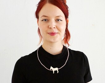 UNICAT Necklace with wood horse, beads ball & hand-knotted ribbon, Handicrafts from the Erzgebirge