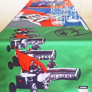 Table runner with Soviet poster collage | Art-motif table decor | Organic cotton table linen