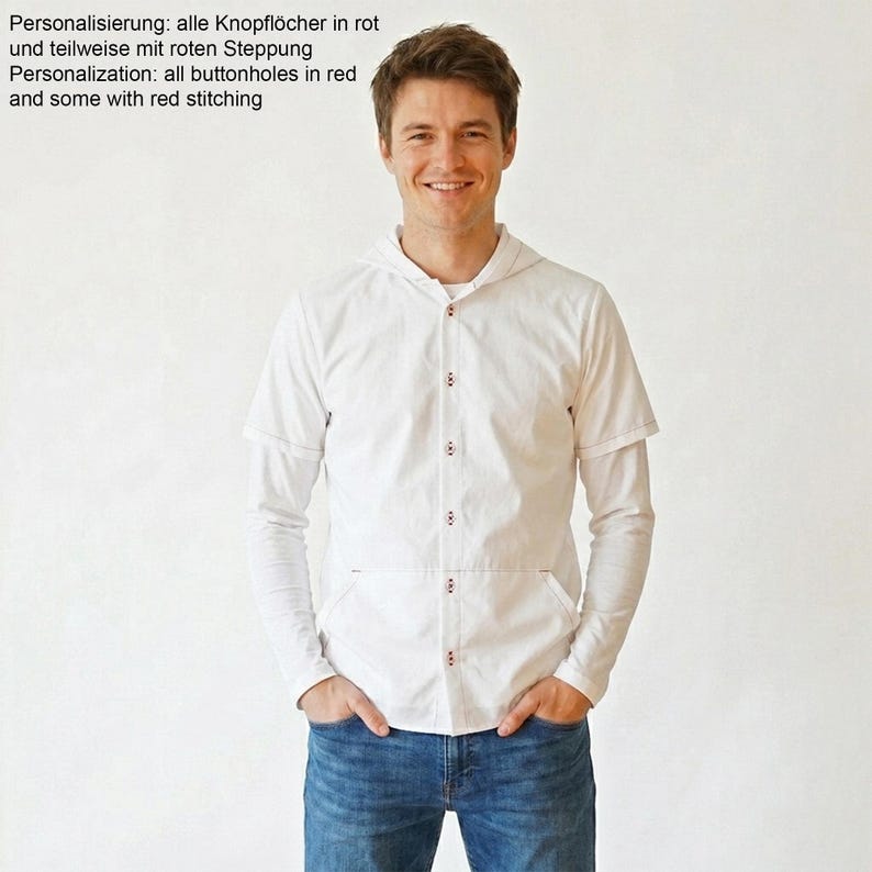 Puede incluir: Una camisa blanca de manga larga con capucha y cierre de botones frontal, que presenta ojales rojos y detalles de costuras rojas. El texto en la imagen dice: Personalization: all buttonholes in red and some with red stitching.
