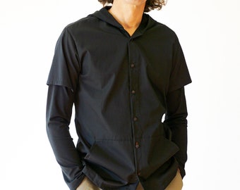 MEN HOODY SHIRT with Kangaroo pocket in white or black, Cotton jersey and woven fabric